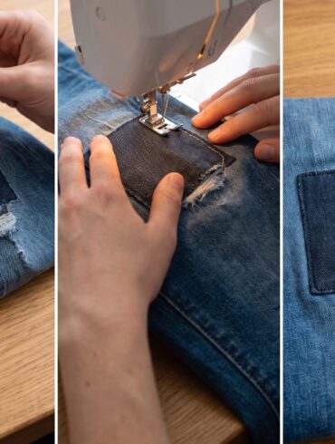a three panel image of a person patching blue jeans with a durable patch on the knee