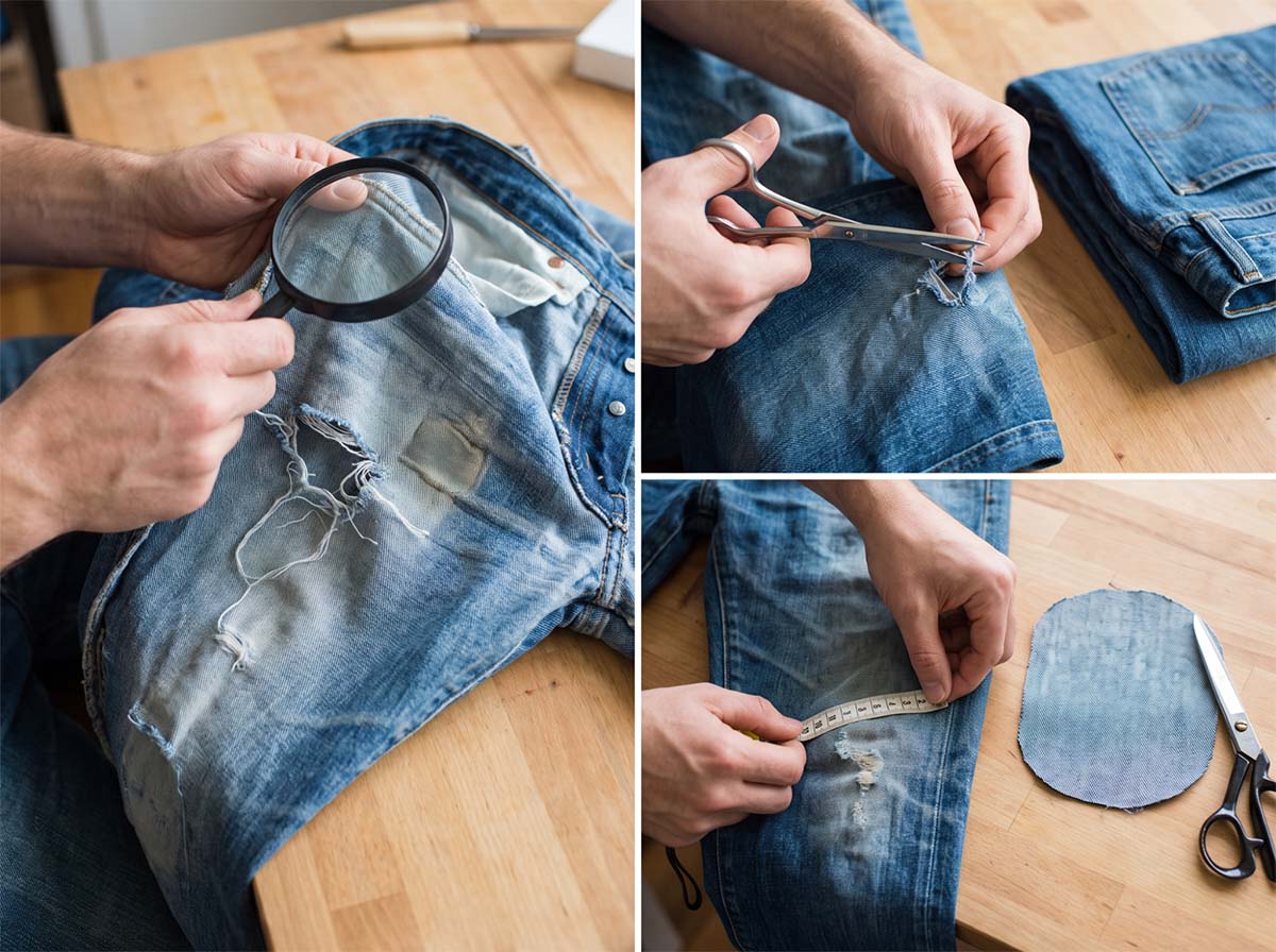 three panel image of fixing a hole in jeans with a patch 