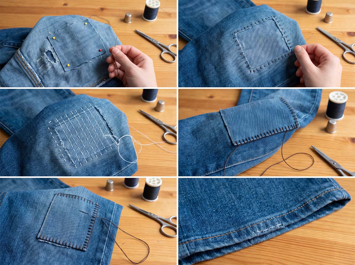 6 panel image of different stitch techniques while patching and fixing a pair of denim jeans