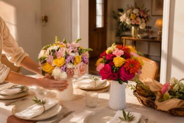 Warm dining room with two colorful floral arrangements on a linen-covered table, as a person adjusts one vase while a second bouquet sits nearby. A basket of loose flowers and an entryway arrangement are visible in the background.