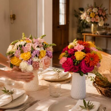 Warm dining room with two colorful floral arrangements on a linen-covered table, as a person adjusts one vase while a second bouquet sits nearby. A basket of loose flowers and an entryway arrangement are visible in the background.