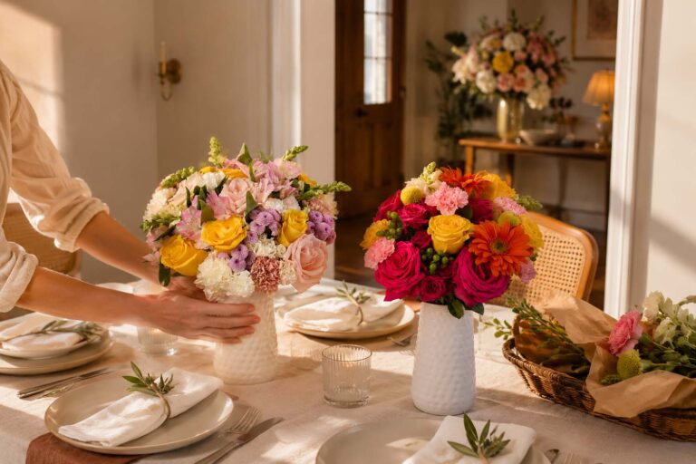 Warm dining room with two colorful floral arrangements on a linen-covered table, as a person adjusts one vase while a second bouquet sits nearby. A basket of loose flowers and an entryway arrangement are visible in the background.