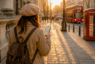 Traveler checking phone on a London street, managing mobile data while abroad