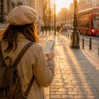 Traveler checking phone on a London street, managing mobile data while abroad