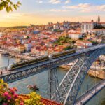 Stunning aerial shot of the iconic Luís I Bridge spanning the Douro River in Porto, Portugal