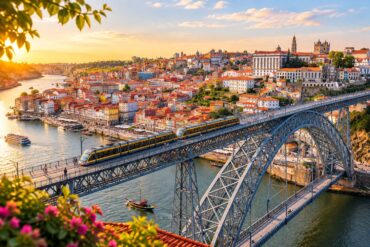 Stunning aerial shot of the iconic Luís I Bridge spanning the Douro River in Porto, Portugal