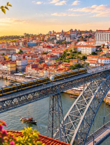 Stunning aerial shot of the iconic Luís I Bridge spanning the Douro River in Porto, Portugal