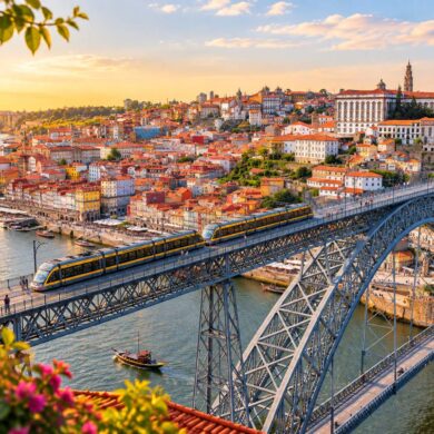 Stunning aerial shot of the iconic Luís I Bridge spanning the Douro River in Porto, Portugal