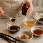 A home baker measures vanilla extract into a small glass bowl on a light stone countertop. Nearby are whole vanilla beans, vanilla paste, maple syrup, honey, brown sugar, and an amber bottle, illustrating common vanilla extract substitutes for baking in a bright, natural kitchen.