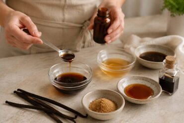 A home baker measures vanilla extract into a small glass bowl on a light stone countertop. Nearby are whole vanilla beans, vanilla paste, maple syrup, honey, brown sugar, and an amber bottle, illustrating common vanilla extract substitutes for baking in a bright, natural kitchen.