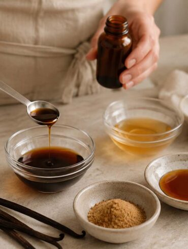 A home baker measures vanilla extract into a small glass bowl on a light stone countertop. Nearby are whole vanilla beans, vanilla paste, maple syrup, honey, brown sugar, and an amber bottle, illustrating common vanilla extract substitutes for baking in a bright, natural kitchen.