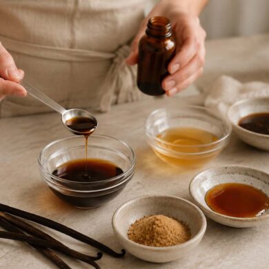 A home baker measures vanilla extract into a small glass bowl on a light stone countertop. Nearby are whole vanilla beans, vanilla paste, maple syrup, honey, brown sugar, and an amber bottle, illustrating common vanilla extract substitutes for baking in a bright, natural kitchen.