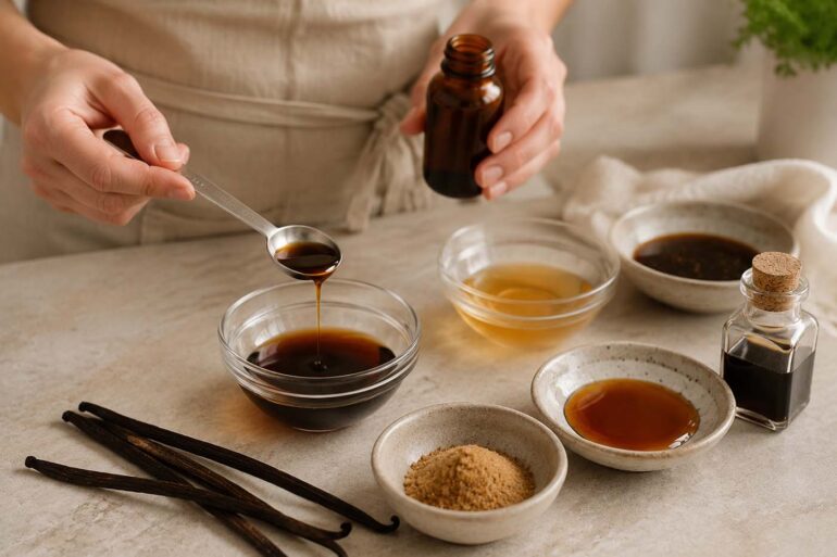A home baker measures vanilla extract into a small glass bowl on a light stone countertop. Nearby are whole vanilla beans, vanilla paste, maple syrup, honey, brown sugar, and an amber bottle, illustrating common vanilla extract substitutes for baking in a bright, natural kitchen.