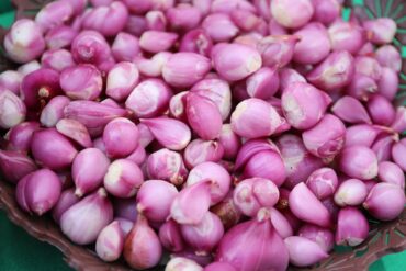 A close-up image of fresh pink shallots piled in a wicker basket.