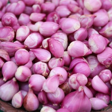 A close-up image of fresh pink shallots piled in a wicker basket.