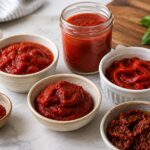 Tomato paste substitutes including tomato sauce, crushed tomatoes, roasted red peppers, sun-dried tomatoes, and paprika in bowls on a kitchen counter