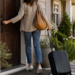 A homeowner seen from behind locks the front door of a suburban home while leaving for a trip with a rolling suitcase and shoulder bag.