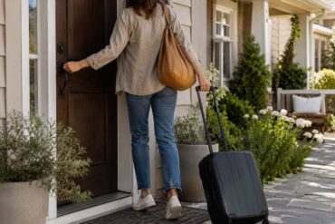 A homeowner seen from behind locks the front door of a suburban home while leaving for a trip with a rolling suitcase and shoulder bag.