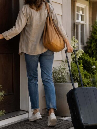 A homeowner seen from behind locks the front door of a suburban home while leaving for a trip with a rolling suitcase and shoulder bag.