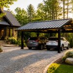 Modern black steel carport with a standing-seam metal roof sheltering two SUVs beside a landscaped home at golden hour, surrounded by lush trees, gardens, and a curved gravel driveway.