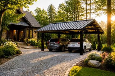 Modern black steel carport with a standing-seam metal roof sheltering two SUVs beside a landscaped home at golden hour, surrounded by lush trees, gardens, and a curved gravel driveway.