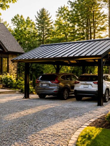 Modern black steel carport with a standing-seam metal roof sheltering two SUVs beside a landscaped home at golden hour, surrounded by lush trees, gardens, and a curved gravel driveway.