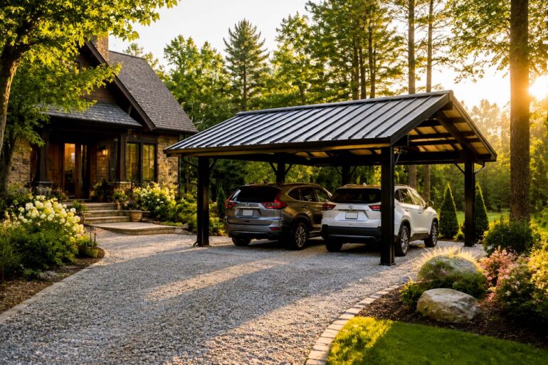 Modern black steel carport with a standing-seam metal roof sheltering two SUVs beside a landscaped home at golden hour, surrounded by lush trees, gardens, and a curved gravel driveway.