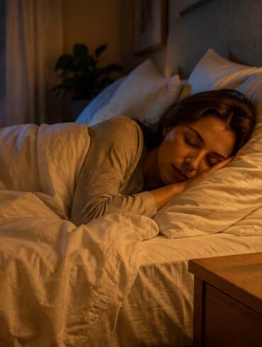 A woman sleeps peacefully in a softly lit bed with white linen bedding, while an amber facial oil bottle rests on a wooden nightstand beside a bedside lamp, creating a warm, calming nighttime skincare atmosphere.