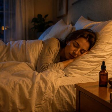 A woman sleeps peacefully in a softly lit bed with white linen bedding, while an amber facial oil bottle rests on a wooden nightstand beside a bedside lamp, creating a warm, calming nighttime skincare atmosphere.