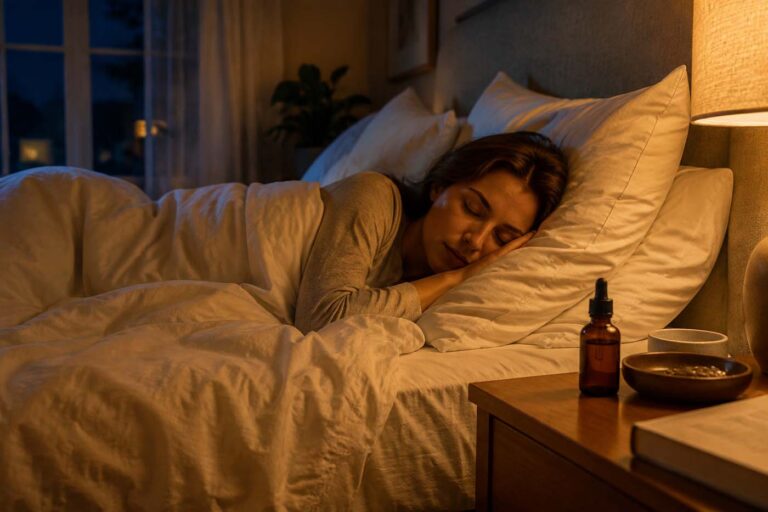 A woman sleeps peacefully in a softly lit bed with white linen bedding, while an amber facial oil bottle rests on a wooden nightstand beside a bedside lamp, creating a warm, calming nighttime skincare atmosphere.