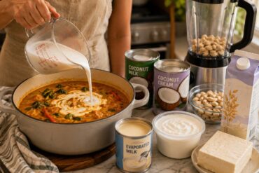 A close-up of a home cook pouring a creamy liquid into a pot of simmering curry, with coconut milk, coconut cream, cashews, oat milk, evaporated milk, Greek yogurt, and tofu arranged nearby on the kitchen counter.