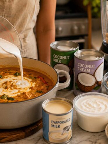 A close-up of a home cook pouring a creamy liquid into a pot of simmering curry, with coconut milk, coconut cream, cashews, oat milk, evaporated milk, Greek yogurt, and tofu arranged nearby on the kitchen counter.