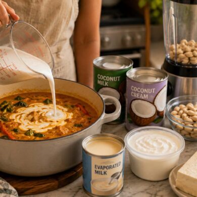 A close-up of a home cook pouring a creamy liquid into a pot of simmering curry, with coconut milk, coconut cream, cashews, oat milk, evaporated milk, Greek yogurt, and tofu arranged nearby on the kitchen counter.