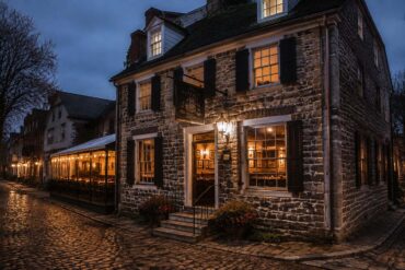 Historic stone-and-brick tavern glowing warmly at dusk along a wet cobblestone street, with lanterns, ivy, and warmly lit dining rooms visible through the windows.