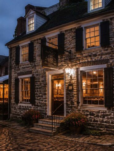 Historic stone-and-brick tavern glowing warmly at dusk along a wet cobblestone street, with lanterns, ivy, and warmly lit dining rooms visible through the windows.
