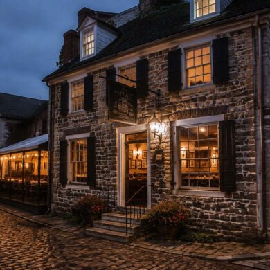 Historic stone-and-brick tavern glowing warmly at dusk along a wet cobblestone street, with lanterns, ivy, and warmly lit dining rooms visible through the windows.