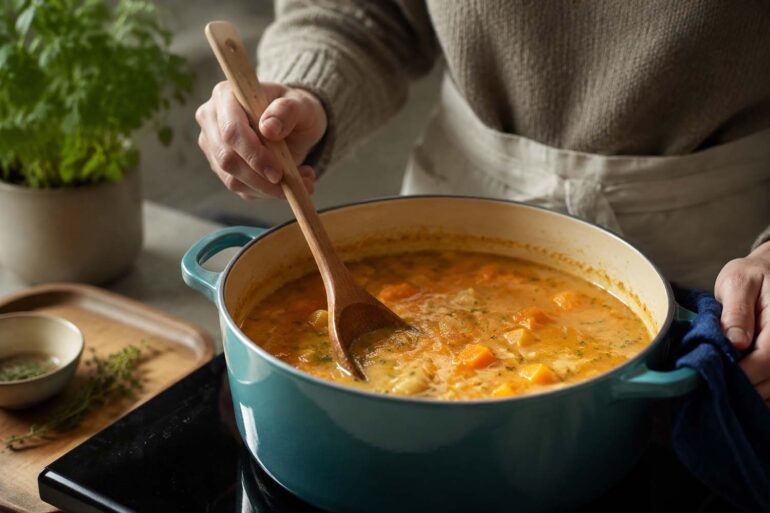 Home cook stirring a pot of chunky squash soup with a wooden spoon in a teal Dutch oven, with fresh herbs and vegetables nearby.