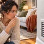 Woman in a cozy living room looking concerned as she notices something near a floor heating vent, with a blanket and warm home furnishings in the background.
