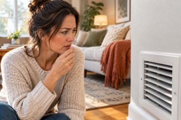 Woman in a cozy living room looking concerned as she notices something near a floor heating vent, with a blanket and warm home furnishings in the background.