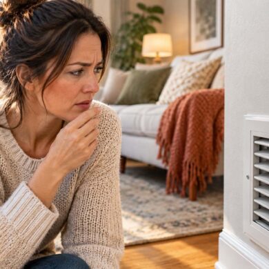 Woman in a cozy living room looking concerned as she notices something near a floor heating vent, with a blanket and warm home furnishings in the background.