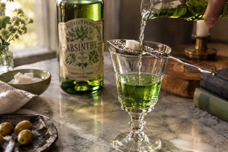 A moody still life shows a vivid green absinthe-style drink being prepared in a clear stemmed glass on a marble tabletop. A stream of clear liquid is being poured over a white sugar cube resting on an ornate slotted absinthe spoon across the glass, while a green glass bottle labeled “ABSINTHE” stands softly out of focus in the background. A small bowl of sugar cubes, green olives on a dark plate, folded linen, old books, a wooden serving board, a small vase of flowers, and a candle surround the scene, with warm natural light creating an intimate vintage atmosphere.