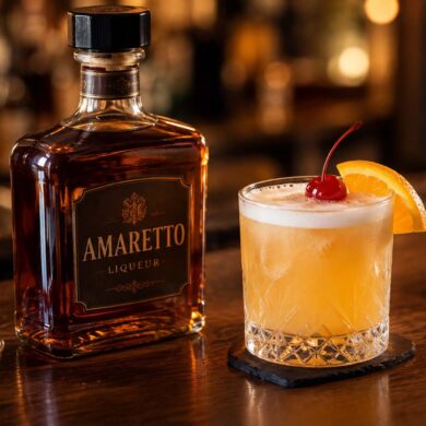 an amaretto bottle beside an Amaretto Sour cocktail garnished with a cherry and orange slice on a dark wood bar