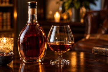 an amber brandy or cognac bottle beside a filled snifter glass on a dark polished wood table, warm low candlelight.
