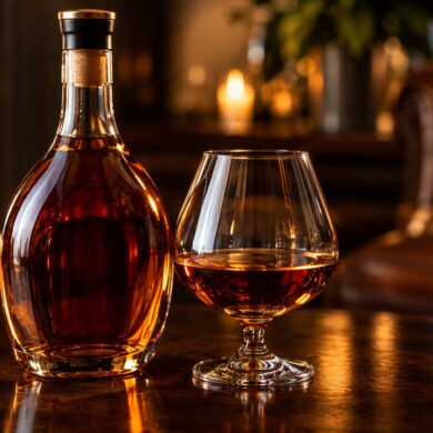 an amber brandy or cognac bottle beside a filled snifter glass on a dark polished wood table, warm low candlelight.