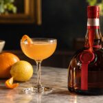 A citrus-colored cocktail in a coupe glass sits beside a dark amber liqueur bottle with a red ribbon and cap, surrounded by oranges, a lemon, and an orange peel on a marble counter. Warm natural light creates an elegant evening bar setting.