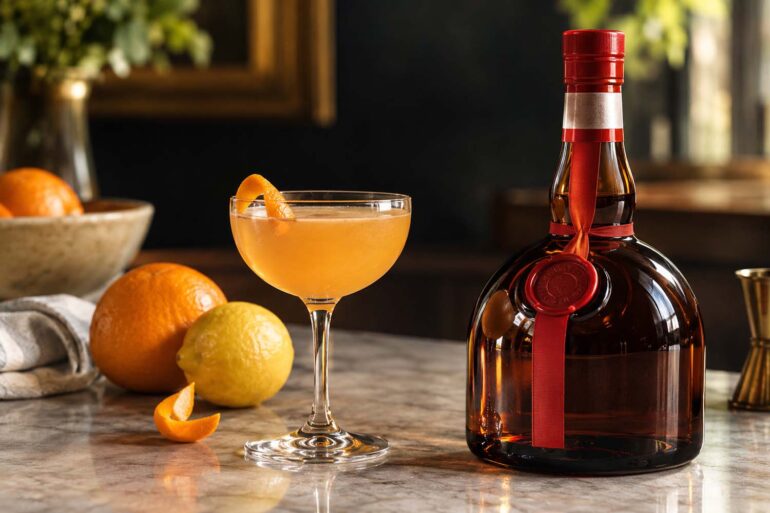 A citrus-colored cocktail in a coupe glass sits beside a dark amber liqueur bottle with a red ribbon and cap, surrounded by oranges, a lemon, and an orange peel on a marble counter. Warm natural light creates an elegant evening bar setting.