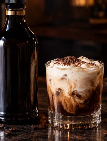 a Kahlúa-style coffee liqueur bottle beside a White Russian cocktail with cream swirled on top, dark moody bar lighting, coffee beans scattered nearby,