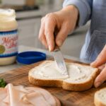 A person spreads Miracle Whip onto a slice of white bread with a butter knife on a wooden cutting board, with an open jar of Miracle Whip softly blurred in the background and lettuce, tomato, and sliced deli meat nearby.