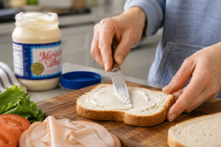 A person spreads Miracle Whip onto a slice of white bread with a butter knife on a wooden cutting board, with an open jar of Miracle Whip softly blurred in the background and lettuce, tomato, and sliced deli meat nearby.