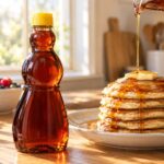A classic amber-colored Mrs. Butterworth's-style syrup bottle with its distinctive curved shape, standing on a light wood kitchen counter next to a stack of pancakes with syrup being poured over the top, warm morning light coming through a window in the background.